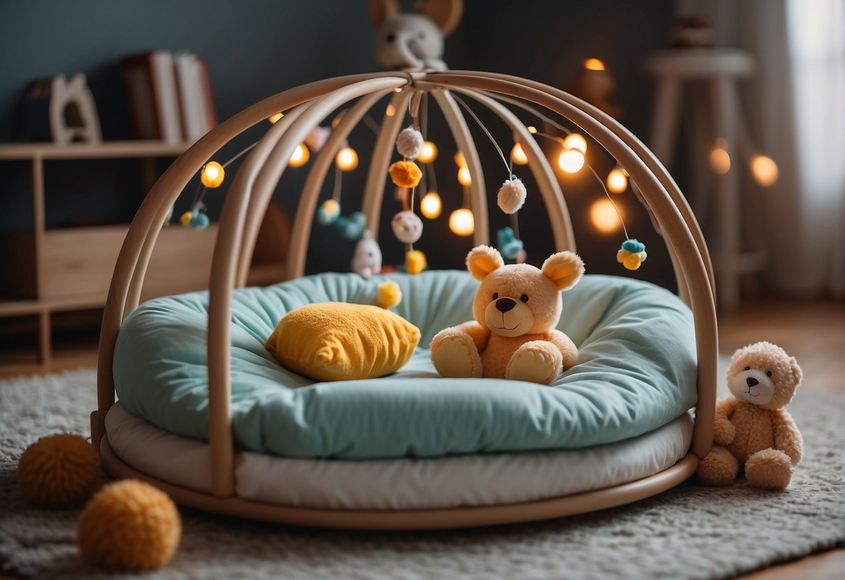 A playpen with a soft mattress and a cozy blanket, surrounded by colorful toys and a mobile hanging above
