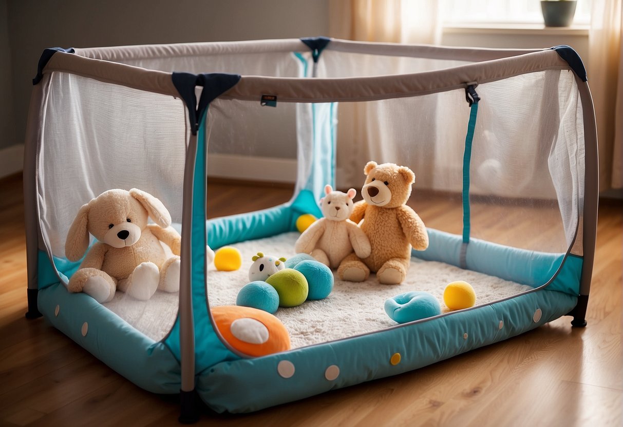 A playpen sits in a well-lit room, surrounded by soft toys and a cozy blanket. The playpen is sturdy and secure, with mesh sides for visibility and ventilation