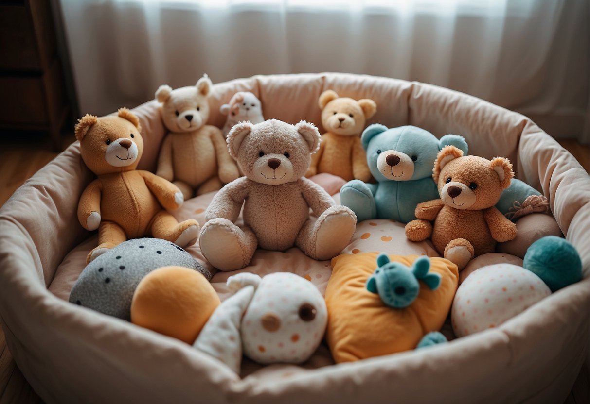 A playpen with soft padding and toys, placed in a cozy corner of a room. A small blanket and stuffed animal inside, creating a comfortable and safe space for a baby to sleep or play