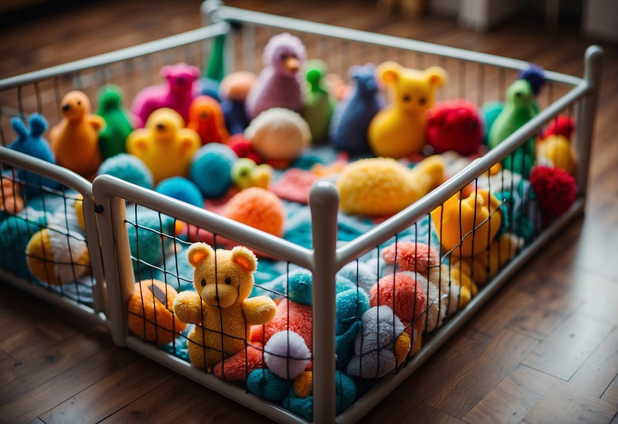 A colorful playpen filled with toys and a cozy blanket, surrounded by a safety gate to keep the little ones secure