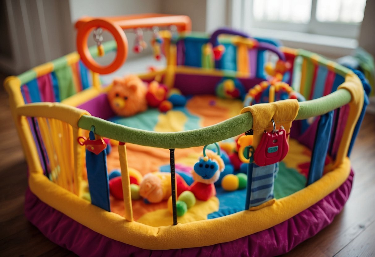 A brightly colored playpen filled with toys and a soft cushioned floor. Safety locks secure the gate. A mobile hangs from the top, and a soft blanket is draped over the side