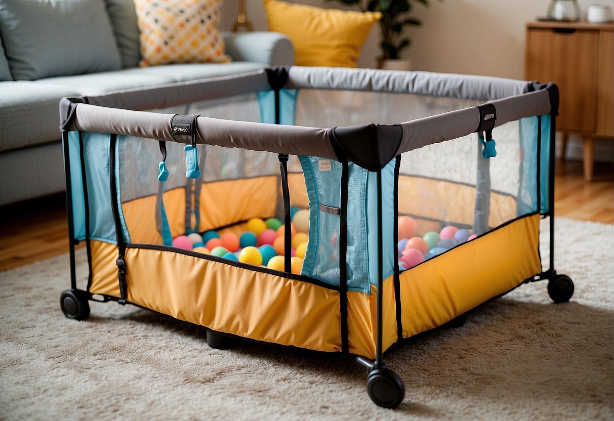 A playpen, compact and lightweight, sits in a living room. It is surrounded by toys and has a mesh lining for visibility and breathability