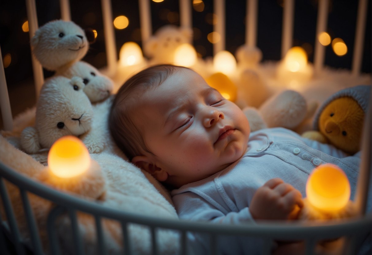 A baby peacefully sleeping in a playpen, surrounded by soft blankets and toys, with a gentle nightlight casting a warm glow over the scene