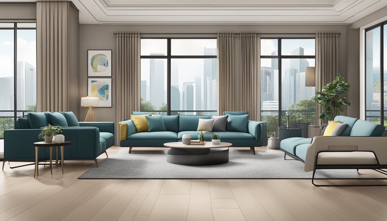 A modern living room with sleek furniture brands displayed in a showroom in Singapore