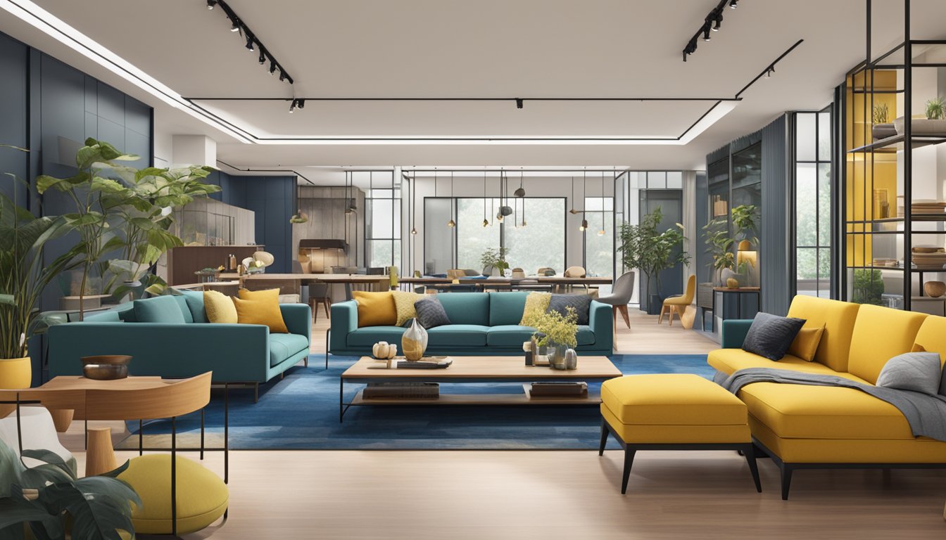 A showroom filled with modern and traditional furniture pieces, vibrant colors, and sleek designs, showcasing the diverse range of furniture brands in Singapore