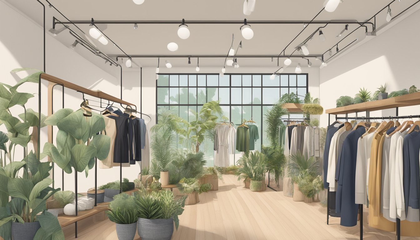 Local fashion brands showcase eco-friendly practices, with a focus on sustainable materials and ethical production. Garments are displayed alongside natural elements like plants and recycled materials