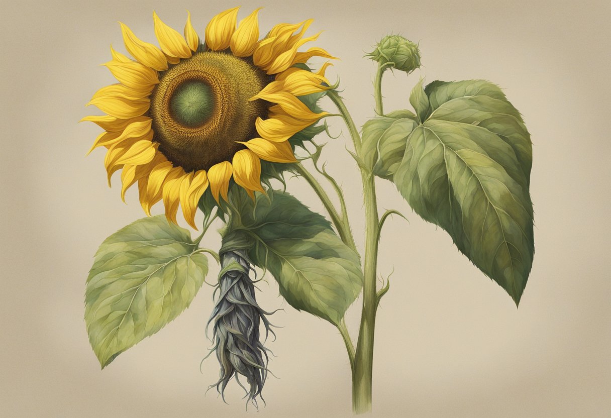 A sunflower hangs upside down in a dry, well-ventilated area, its vibrant yellow petals slightly wilted. The stem is tied with twine and secured to a hook, allowing the flower to air dry and preserve its beauty