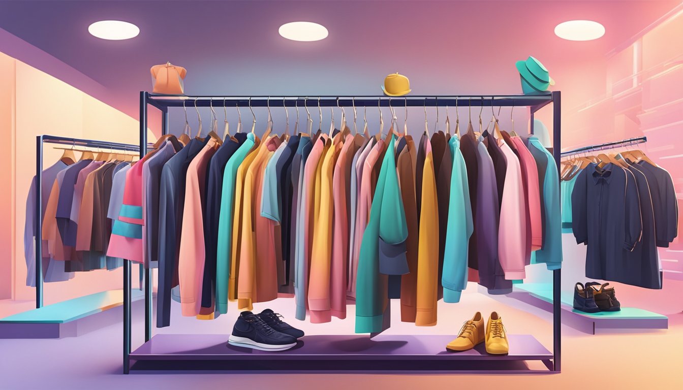 Local fashion brands displayed on colorful racks with trendy clothing and accessories. Bright lights illuminate the stylish designs, creating a vibrant and inviting atmosphere