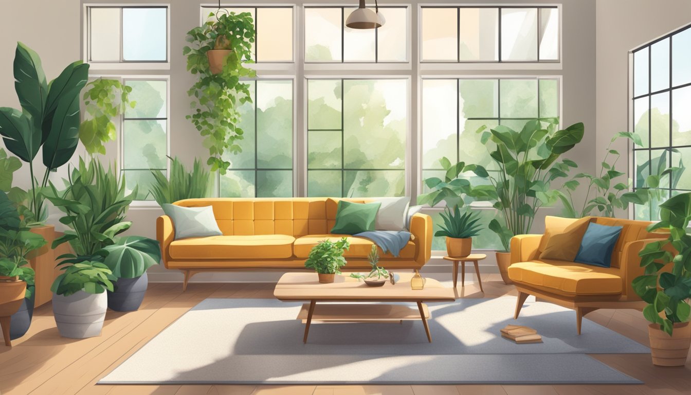 A cozy living room with modern, eco-friendly furniture, surrounded by lush indoor plants and natural lighting