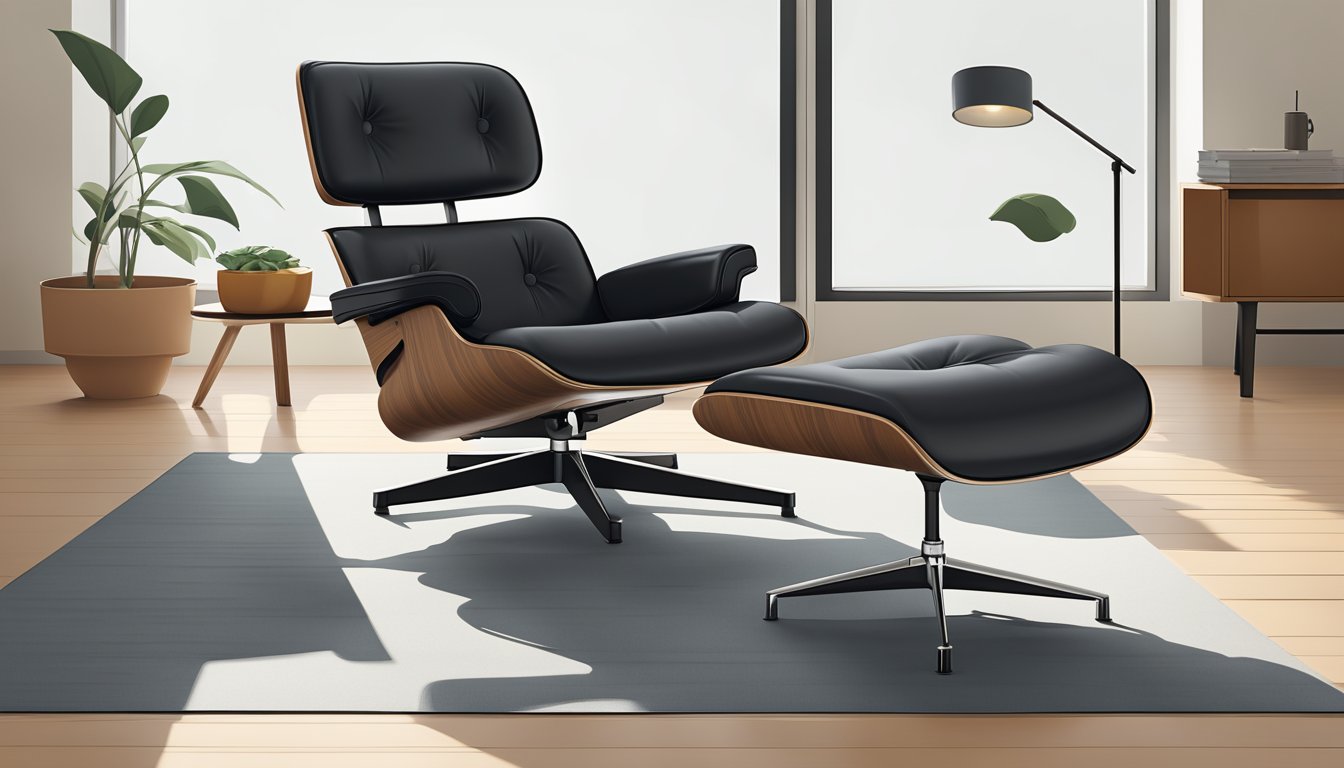 A sleek Eames lounge chair sits beside a minimalist Muji table, showcasing the craftsmanship of iconic furniture makers