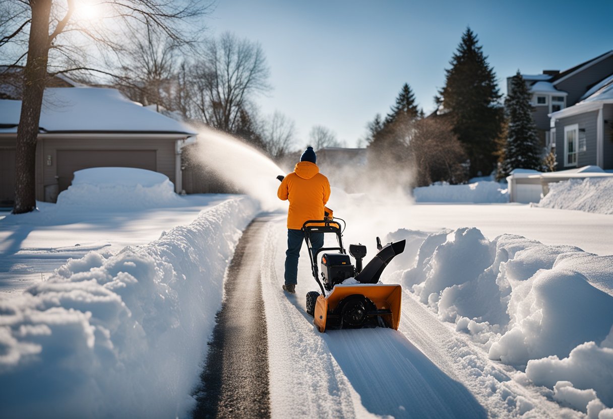 A person operating a snow blower clearing a snowy driveway