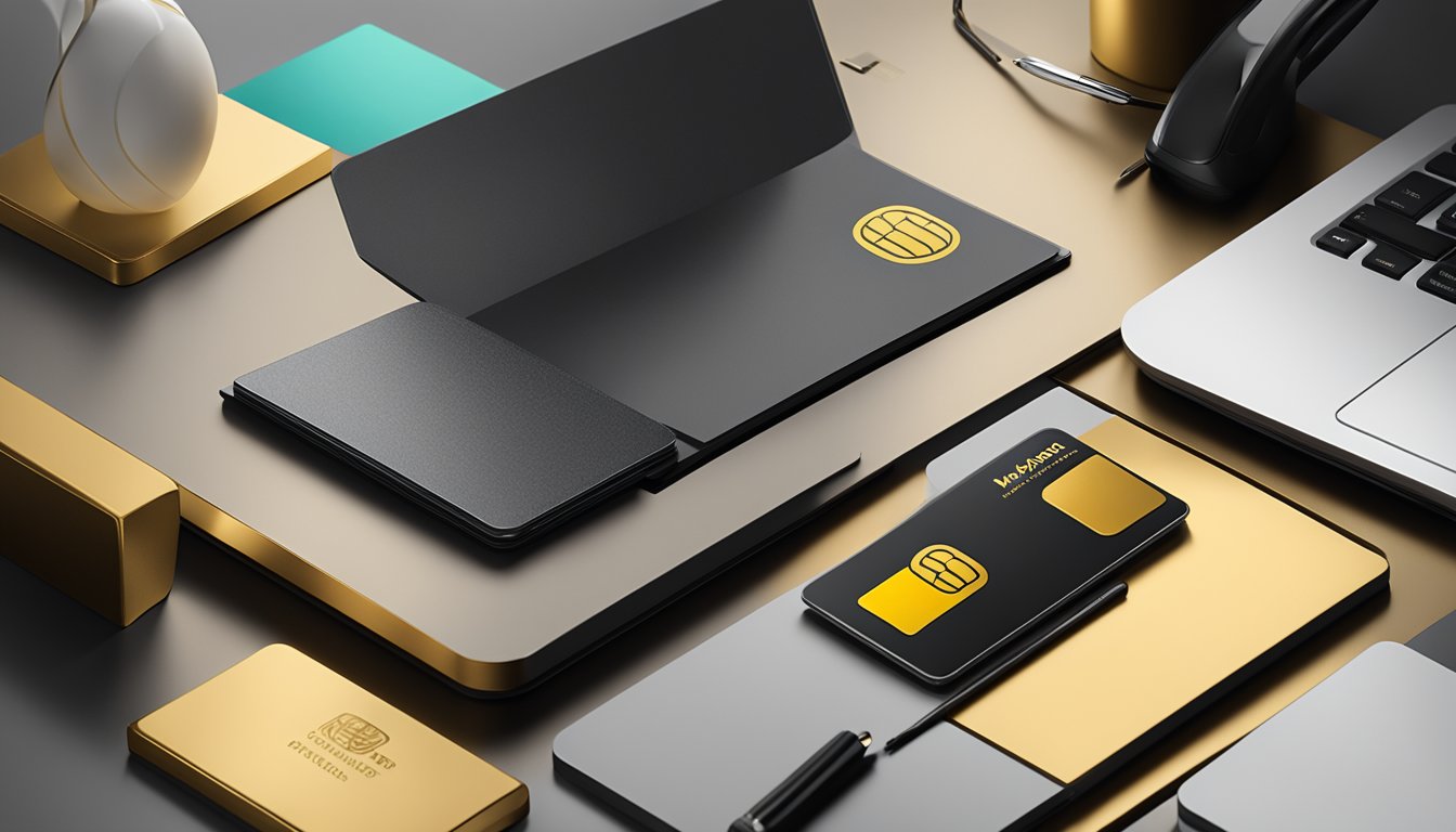 The Maybank Business Platinum Mastercard sits on a sleek desk, with a laptop and phone nearby. The card's metallic sheen catches the light, showcasing its premium features