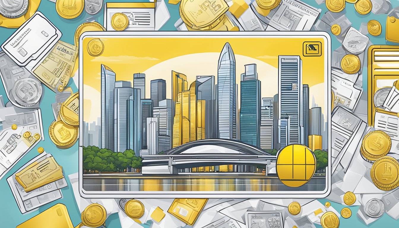 A gleaming Maybank Business Platinum Mastercard surrounded by various rewards and perks, with the iconic Singapore skyline in the background