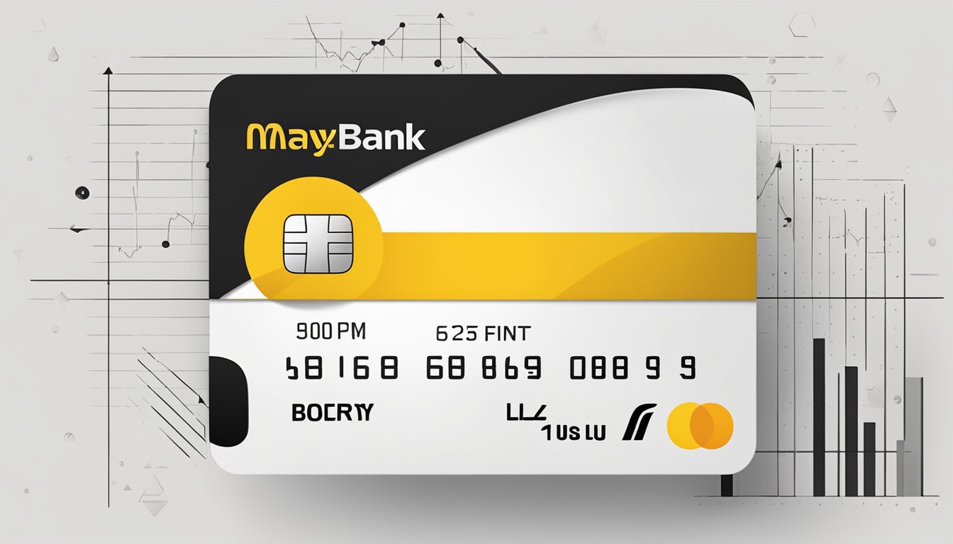 A business credit card with Maybank logo, surrounded by financial charts and graphs, symbolizing efficient financial management for businesses