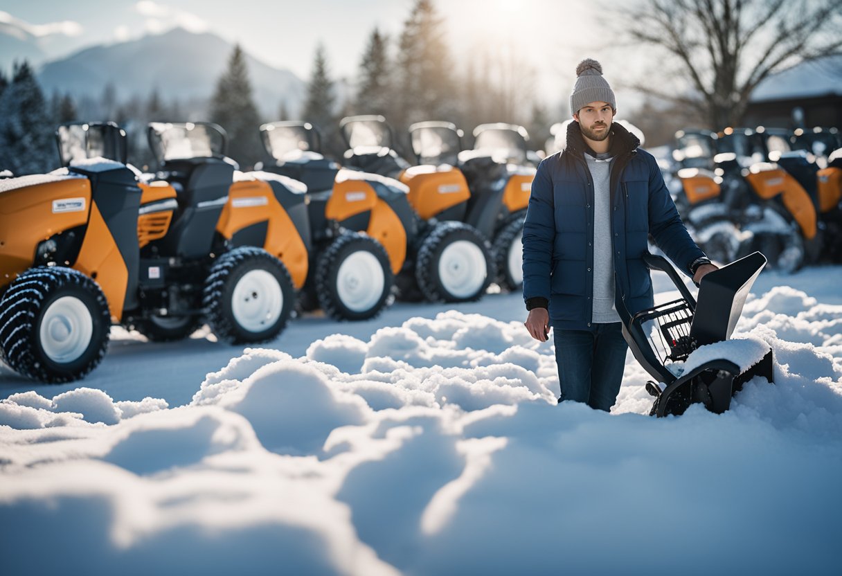 A person standing in front of different snow blowers, comparing sizes and features, with a thought bubble showing them using the machine effortlessly