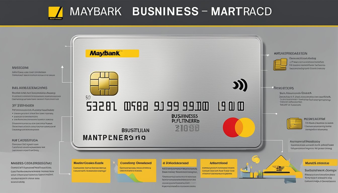 A Maybank Business Platinum Mastercard displayed with additional services and features highlighted
