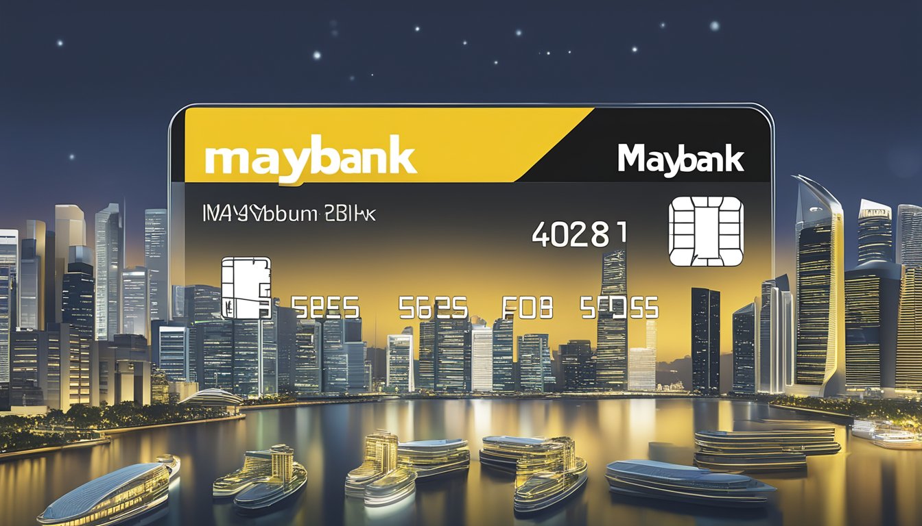 A sleek Maybank Business Platinum Mastercard displayed against a backdrop of Singapore's iconic skyline, with clear and bold text highlighting its costs and fees