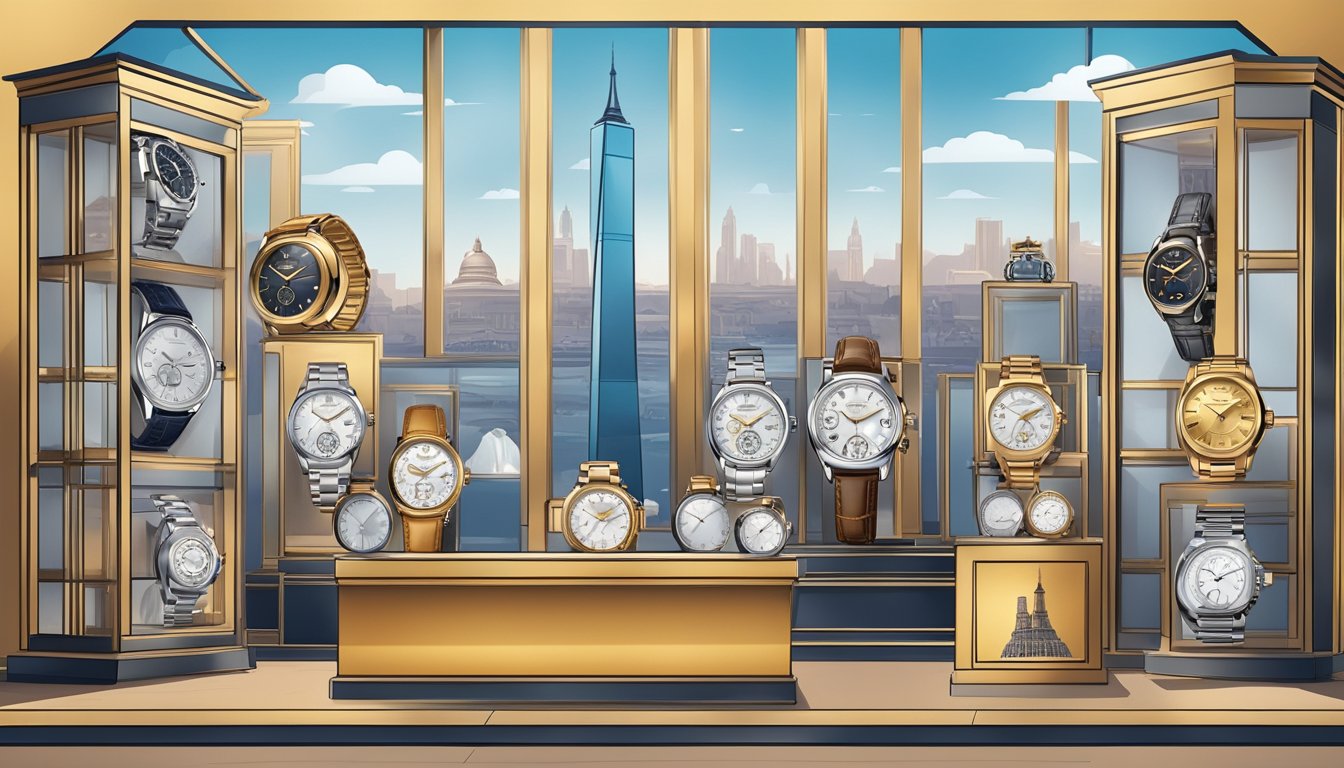 A display of luxury watches from top brands in a spotlight, surrounded by cultural icons such as famous landmarks, art, and fashion symbols