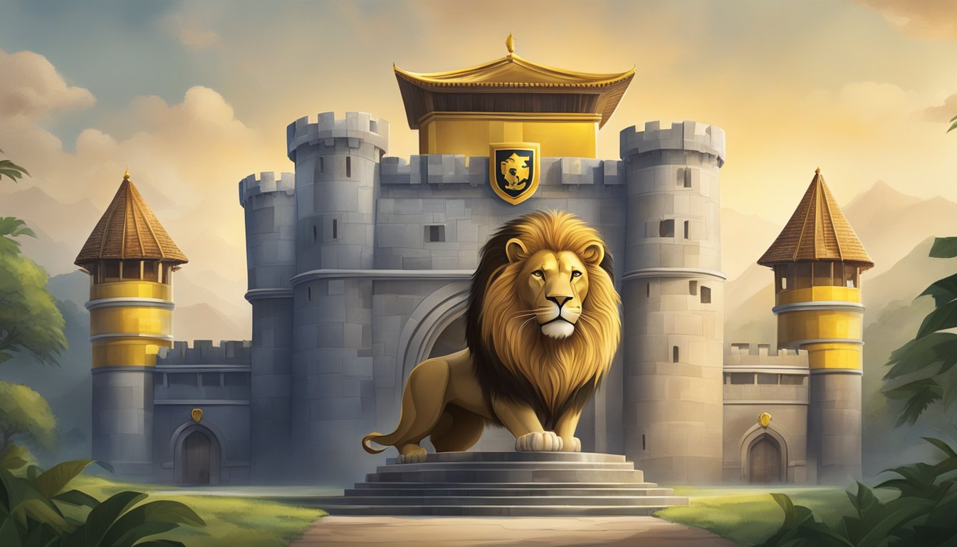 A sturdy fortress with a shield emblem, guarded by a vigilant lion, symbolizing security and protection for Maybank Business Platinum Mastercard in Singapore