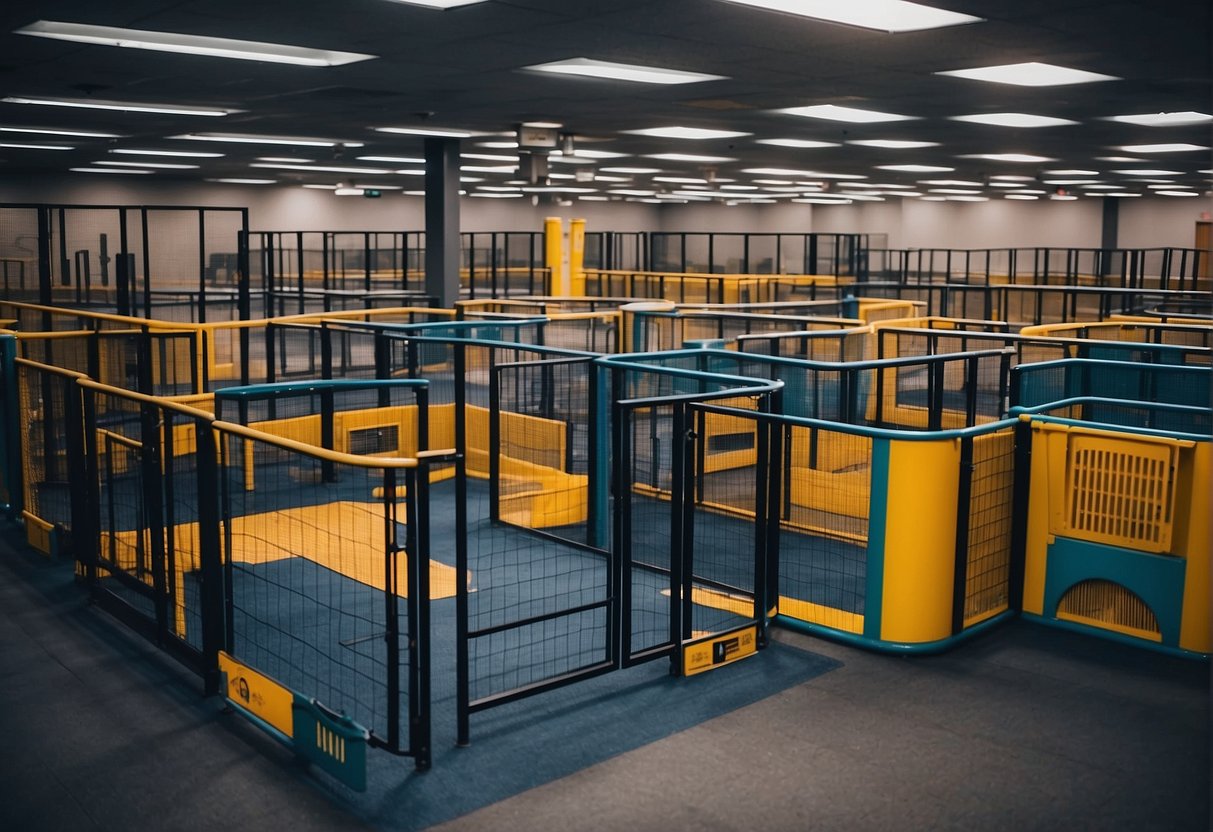 Various playpens scattered in a spacious room, including traditional metal and mesh designs, as well as modern plastic and fabric options