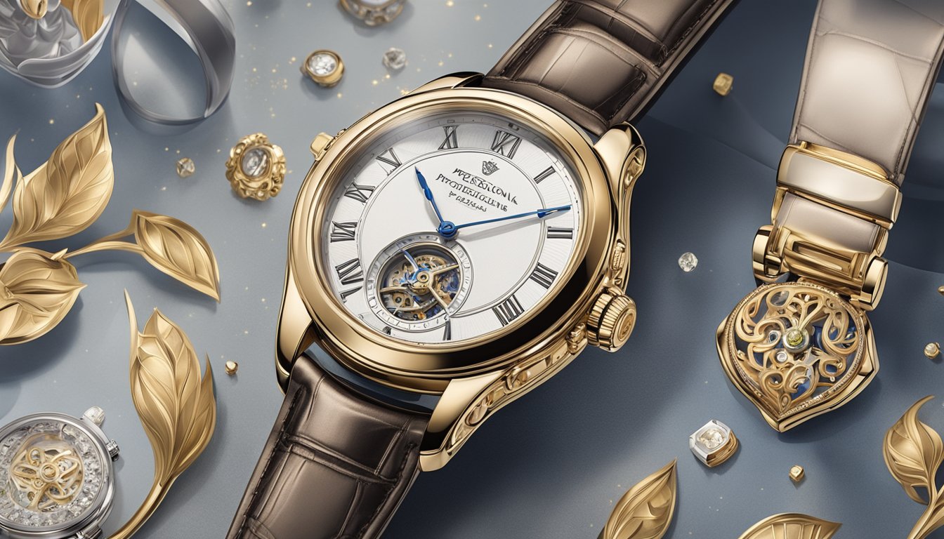 A luxurious watch sits on a velvet cushion, surrounded by elegant packaging and a certificate of authenticity. The watch is adorned with intricate details and gleams in the soft light, exuding a sense of timeless elegance and opulence