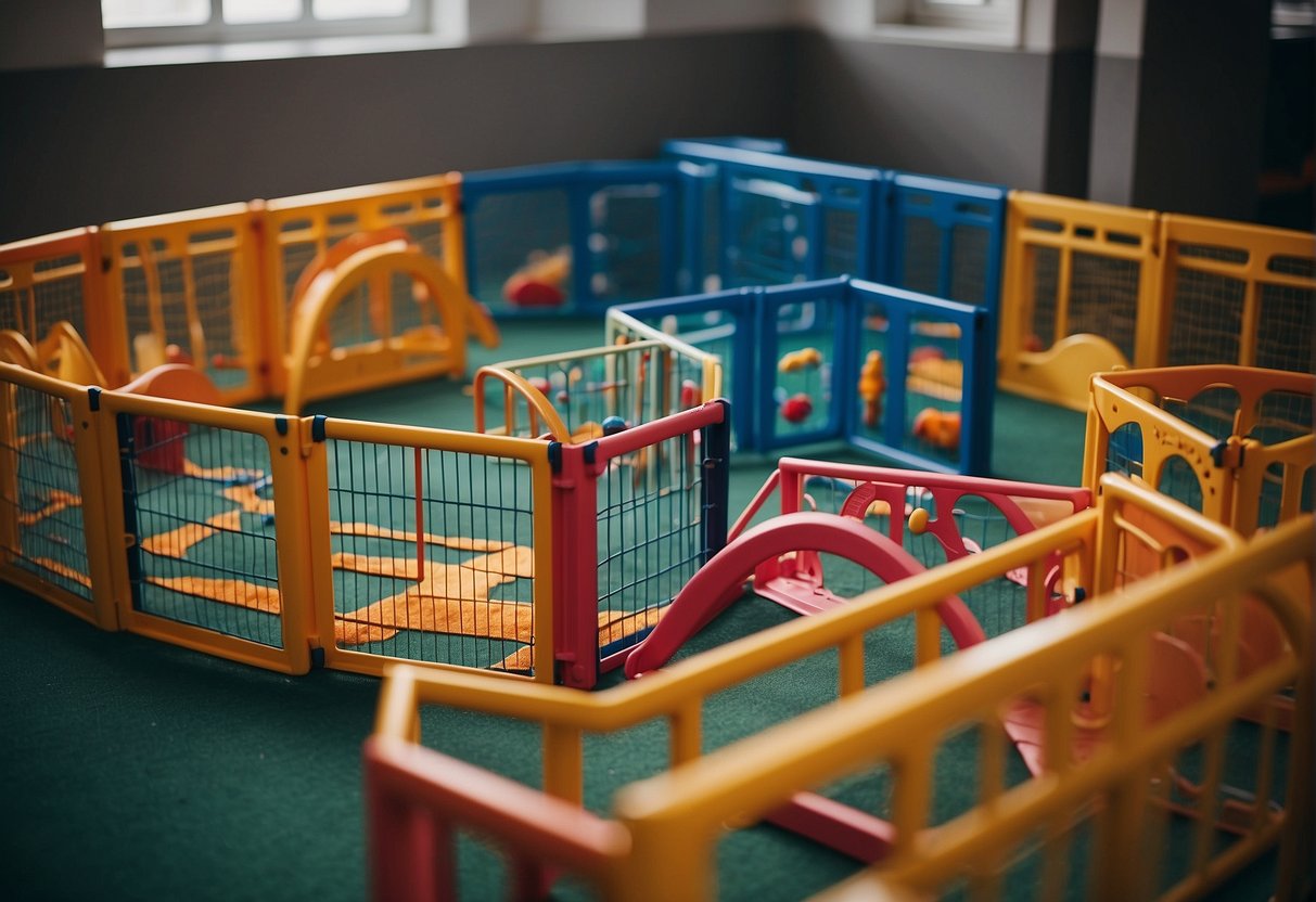 A variety of playpens scattered in a spacious room, each showcasing different styles, sizes, and colors