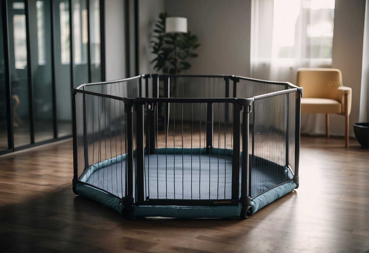 A playpen with mesh walls, a padded floor, and locking mechanisms for safety
