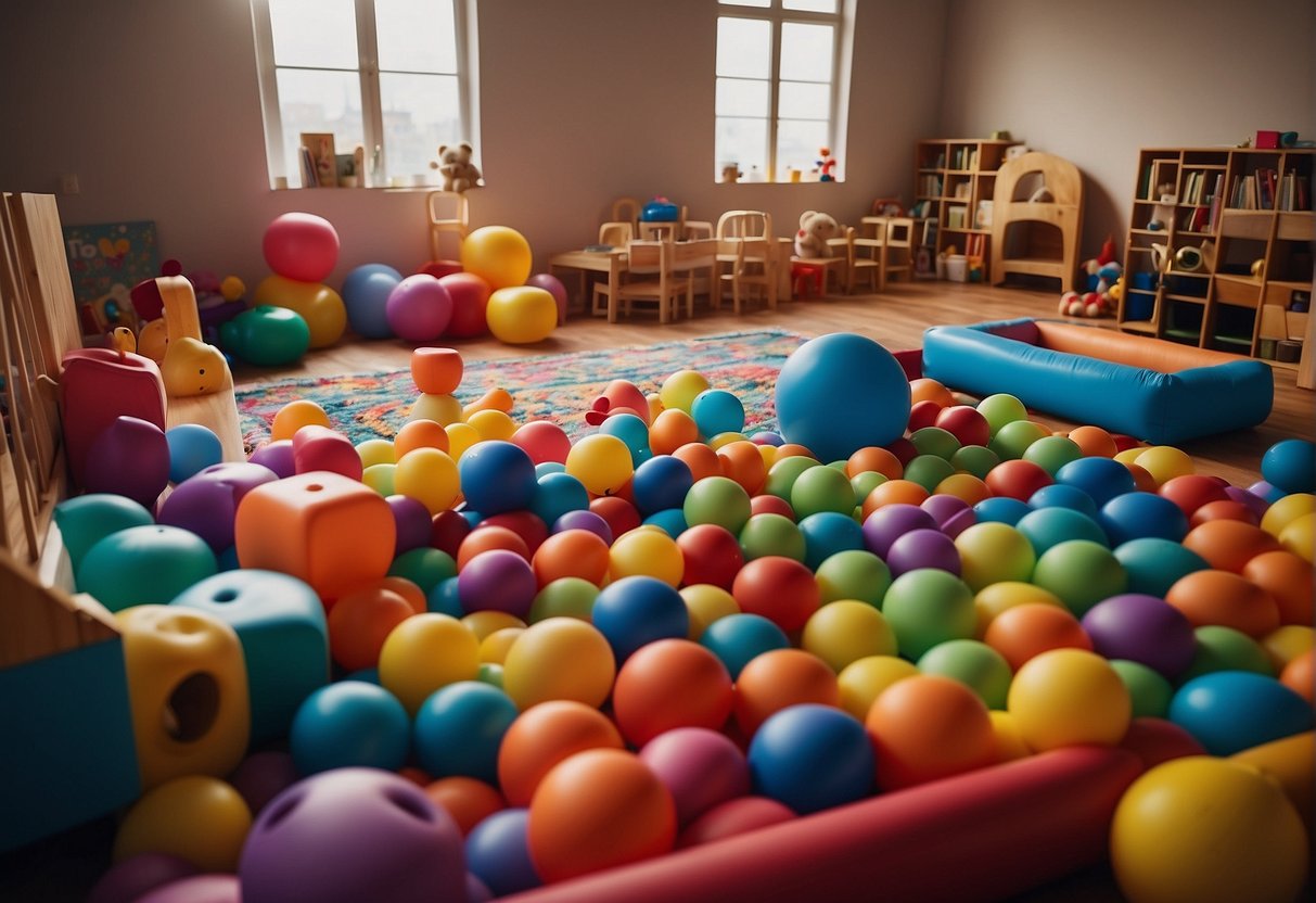 Various playpens of different sizes and shapes scattered across a spacious room. Some are square, others round, and a few are hexagonal. Each playpen is filled with colorful toys and soft cushions, creating a cozy and inviting atmosphere