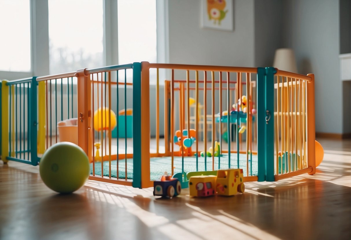A variety of playpen accessories, including toys, mats, and gates, are displayed in a spacious, bright room