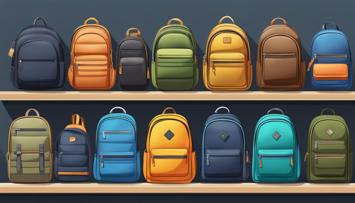 A row of colorful backpacks from popular mens' brands displayed on shelves in a modern retail store