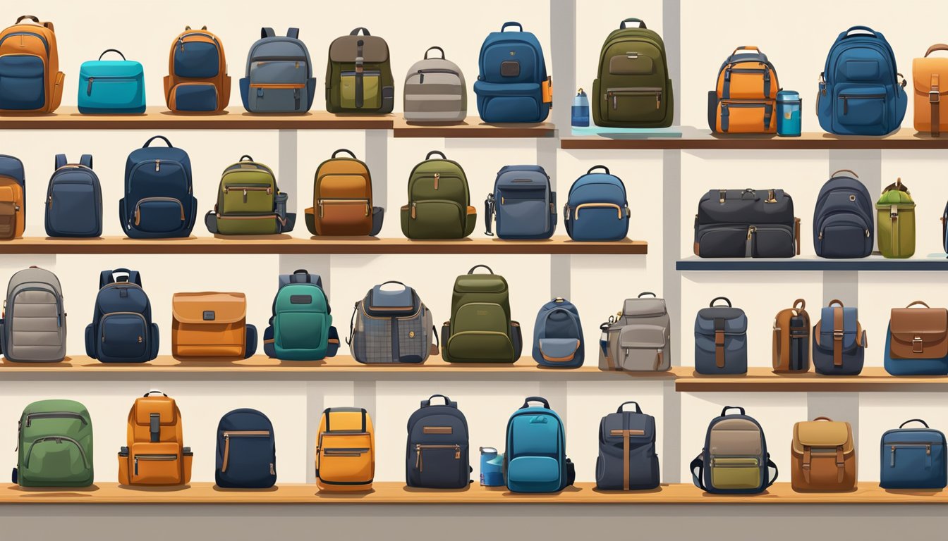 A variety of men's backpack brands displayed on shelves in a modern, well-lit store. Different styles, colors, and sizes are showcased, creating an enticing array of options for the consumer