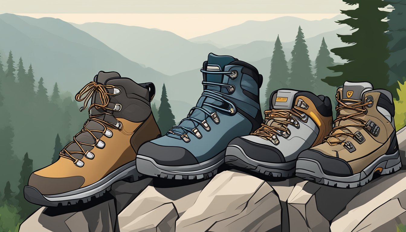 A row of hiking boots from various brands lined up on a rocky trail, surrounded by trees and mountains in the background