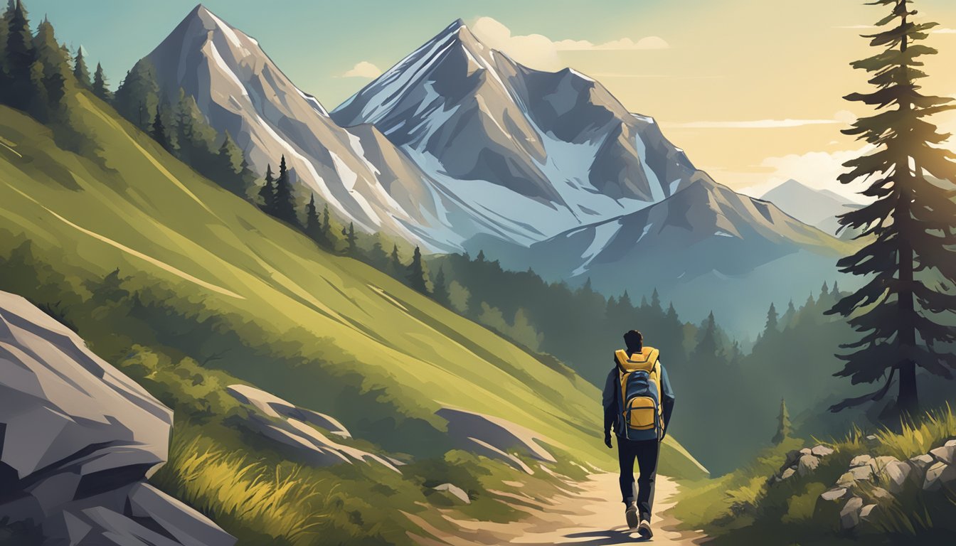 A sturdy, eco-friendly backpack brand logo on a rugged mountain trail