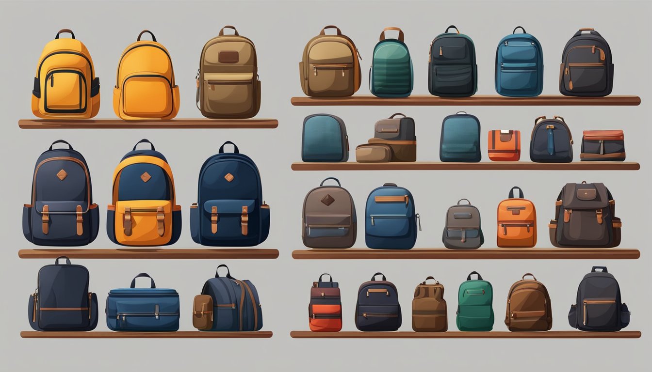 A variety of stylish mens backpacks displayed on shelves with different designs and sizes for various occasions