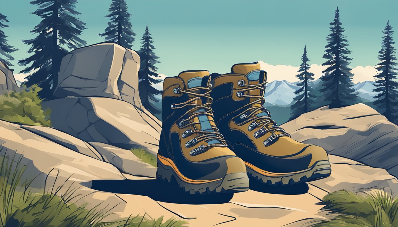 Hiking boots arranged on a rugged mountain trail, with a backdrop of towering trees and a clear blue sky
