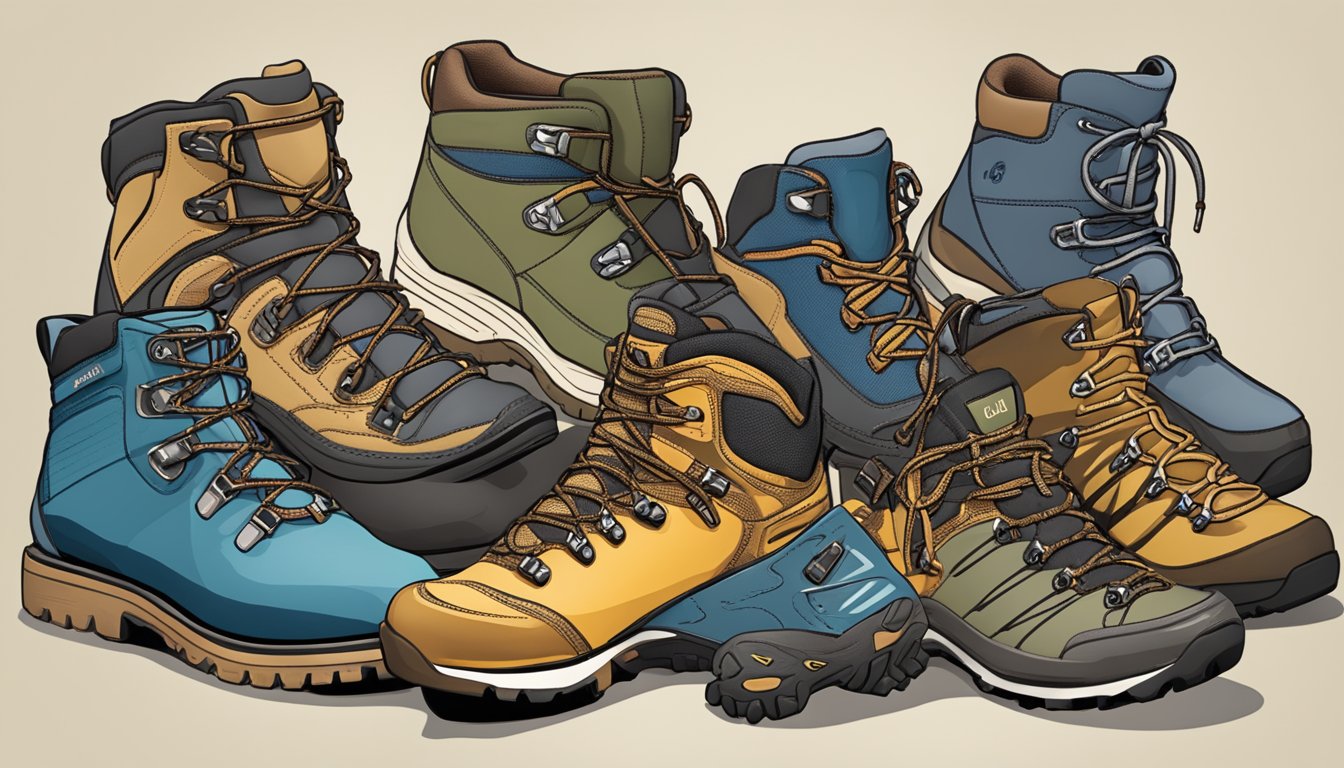 A table displaying various hiking boot brands with different designs and materials