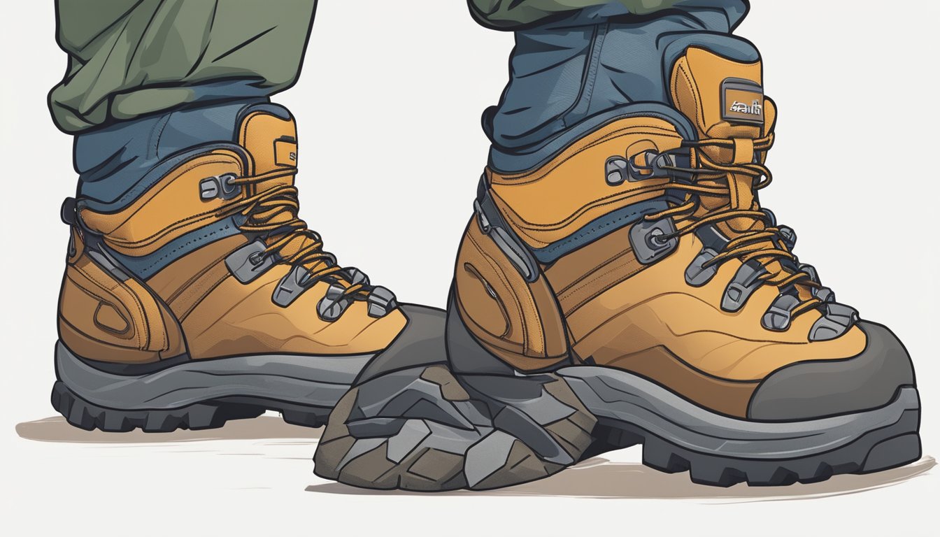 A hiker laces up sturdy boots, with reinforced ankle support and cushioned insoles, ready to tackle rugged terrain