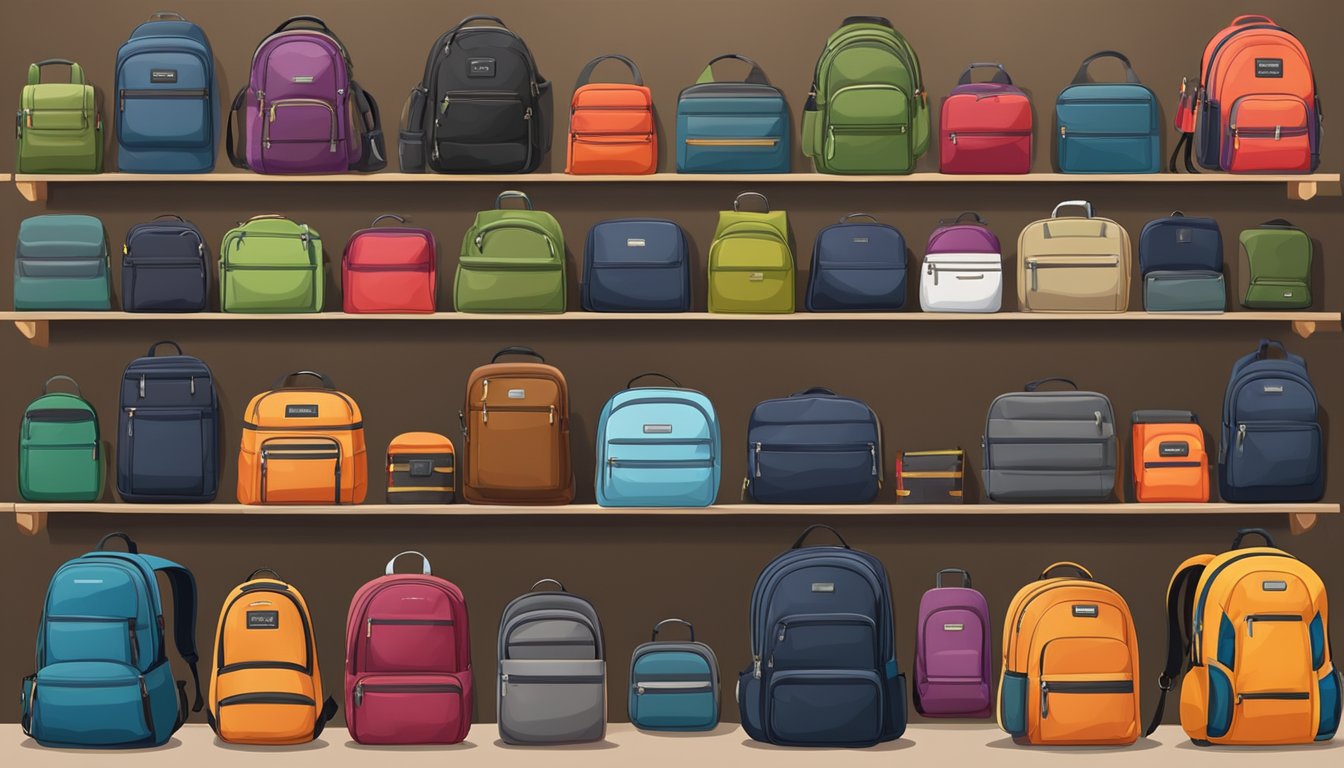 A display of various backpack brands with labels, arranged neatly on shelves or racks in a store