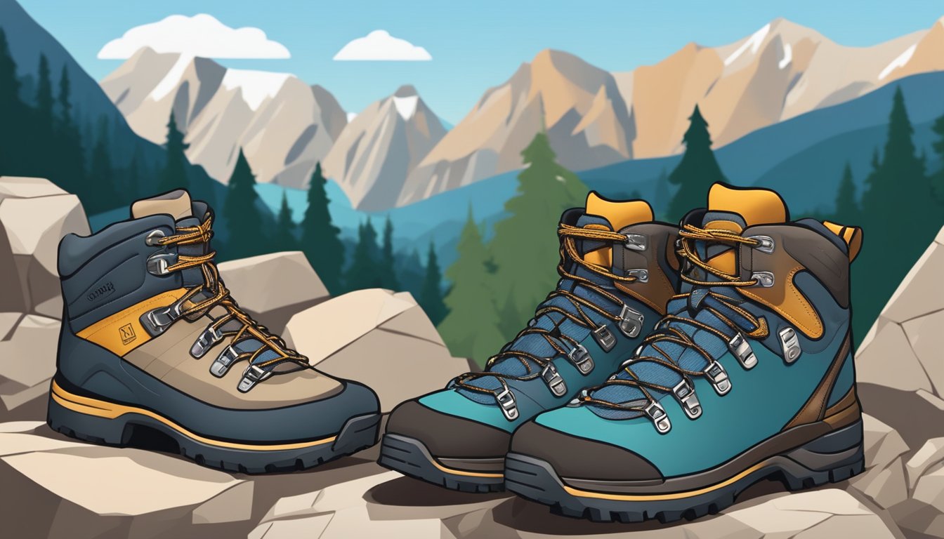 Hiking boots from top brands arranged on a rocky trail. Different styles and colors on display. Surrounding scenery includes mountains and trees
