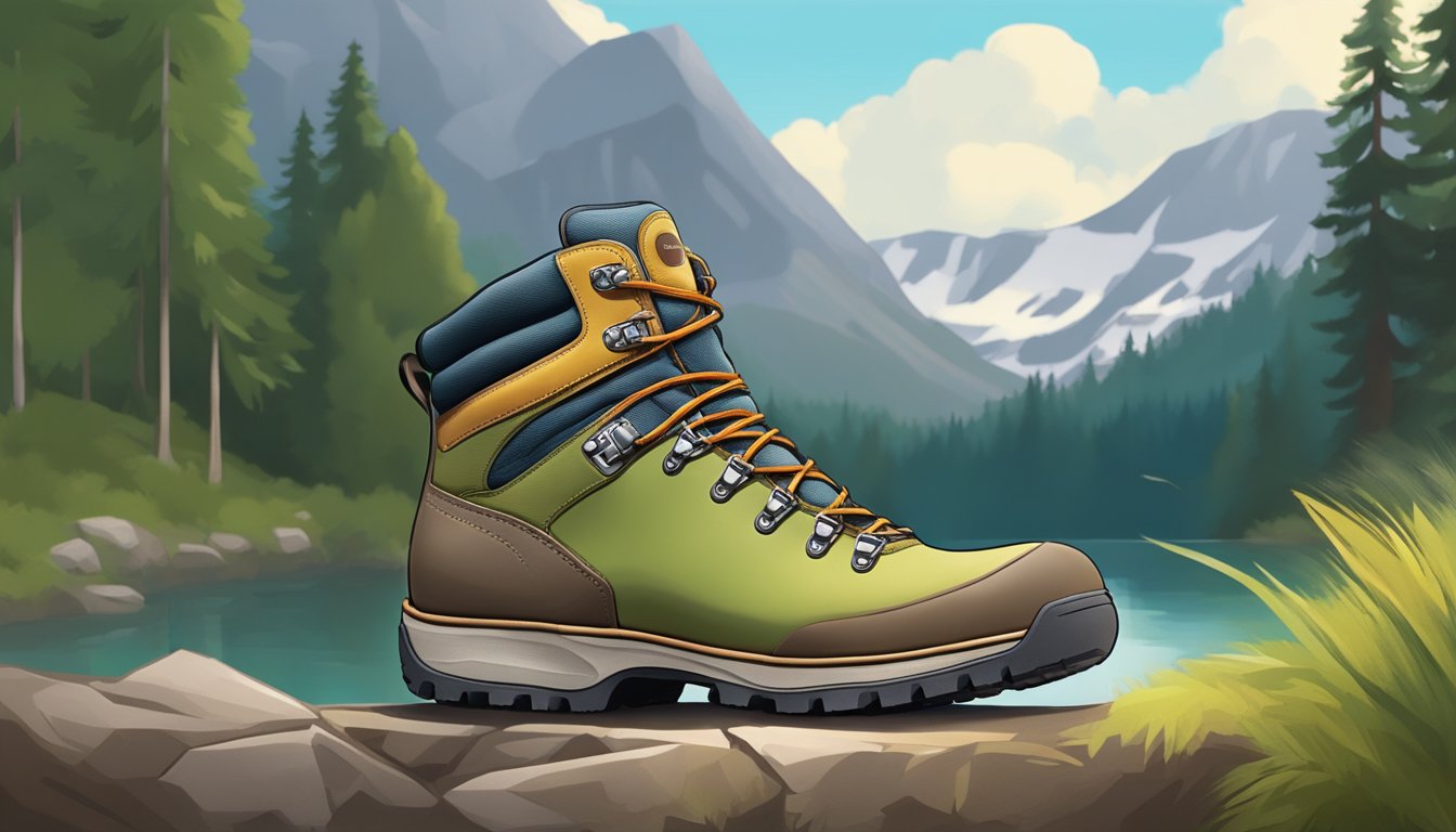 A sleek, durable hiking boot with eco-friendly materials and stylish design, set against a backdrop of lush, untouched wilderness