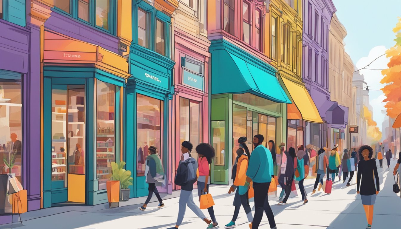 A bustling city street with vibrant storefronts displaying popular hype brands. Pedestrians walk past, admiring the latest fashion and accessories