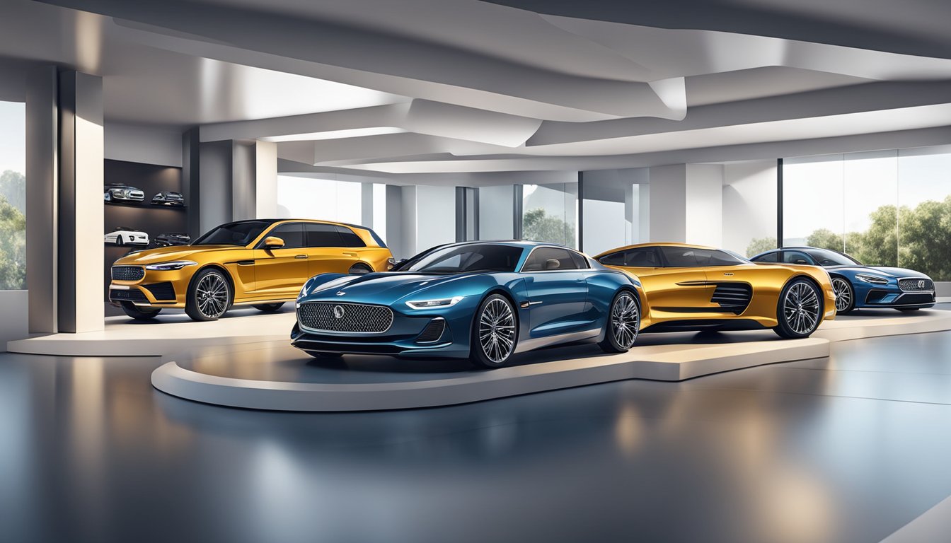 Luxury car logos shine above sleek flagship models in a showroom