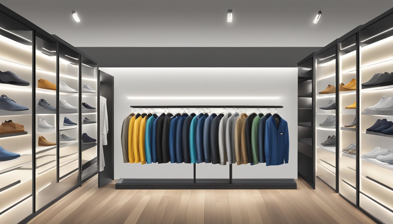 A display of men's clothing brands arranged on sleek shelves with spotlights highlighting the various garments