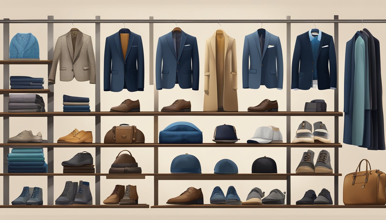 A display of essential menswear brands, featuring stylish clothing items arranged neatly on shelves and racks, showcasing a variety of textures and colors