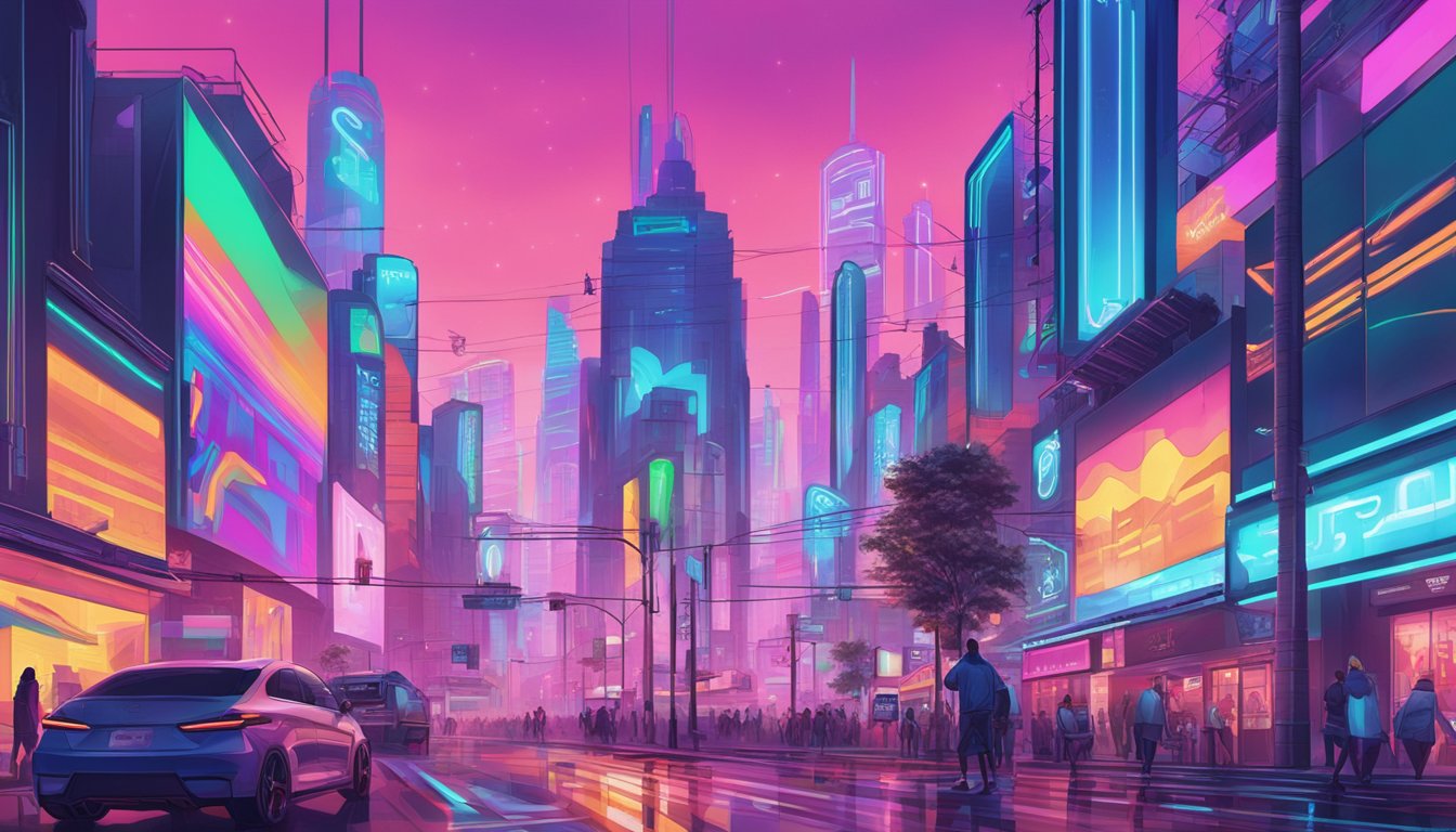 Vibrant city street with futuristic buildings, neon lights, and holographic billboards showcasing the latest streetwear hype brands
