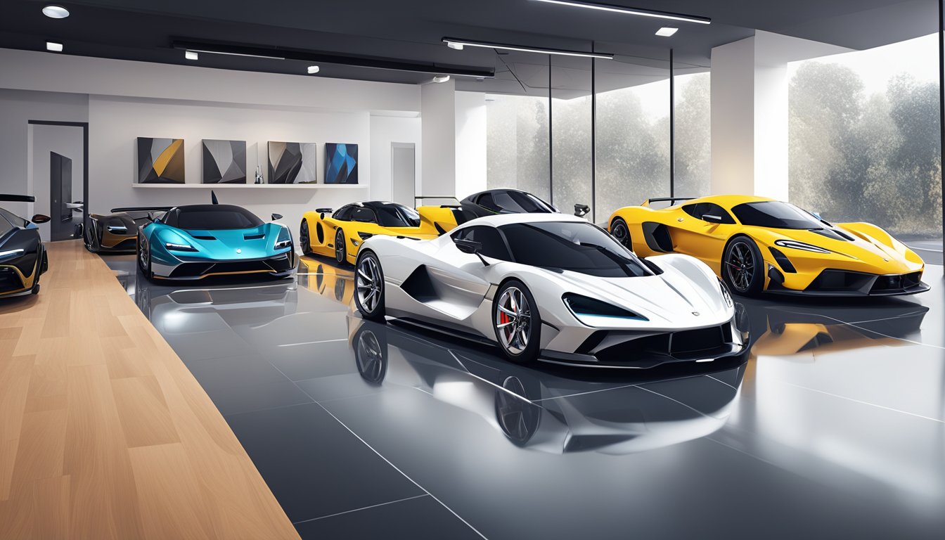 Hypercar Exclusives' top models revealed in a sleek showroom with bright spotlights and polished floors
