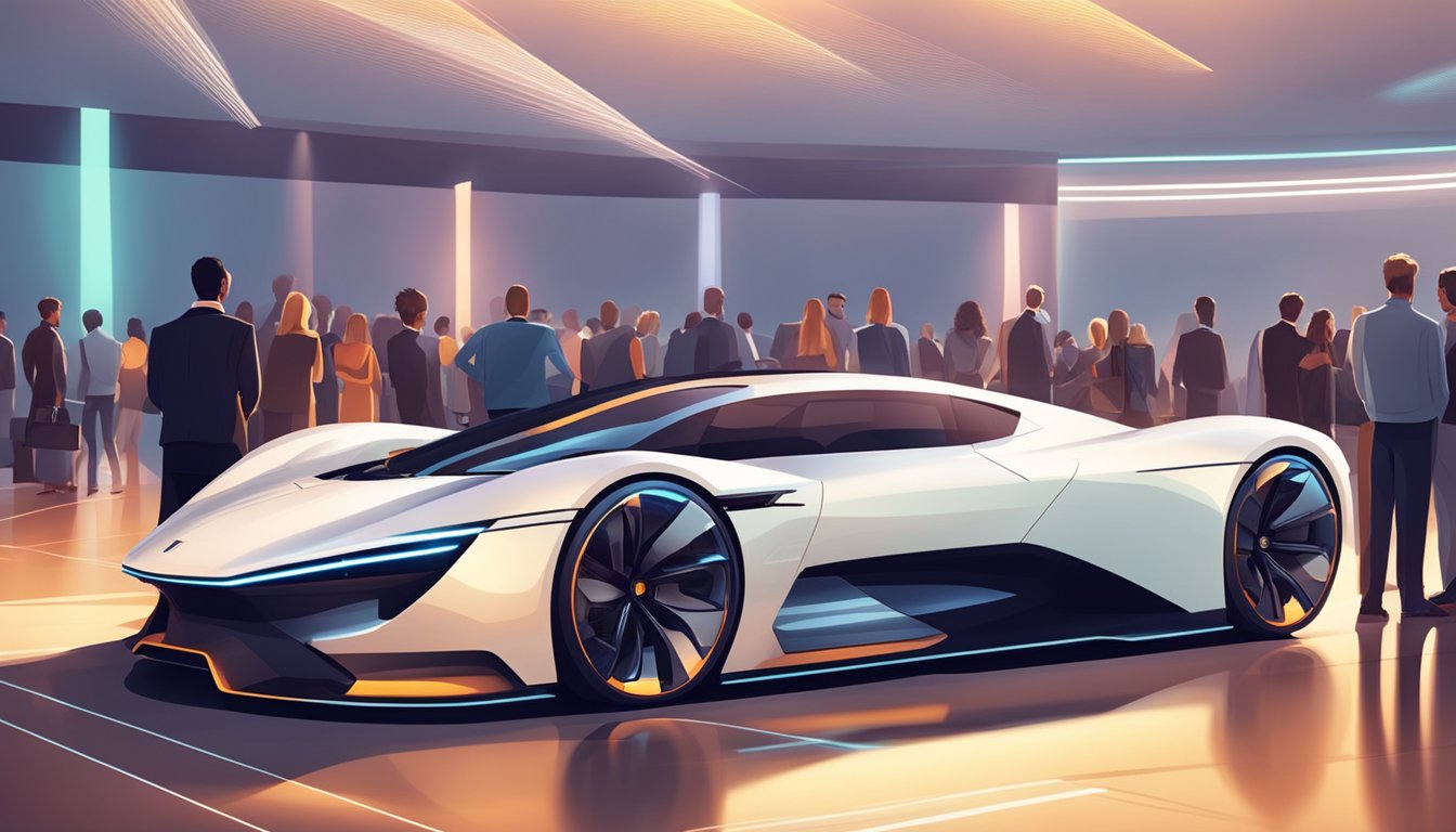 Electric hypercars line up, gleaming under spotlights at a luxury car show. Spectators admire the sleek, futuristic designs and cutting-edge technology