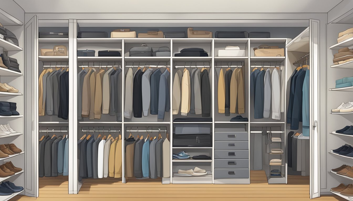 A neatly organized closet displaying key wardrobe staples from various mens clothing brands