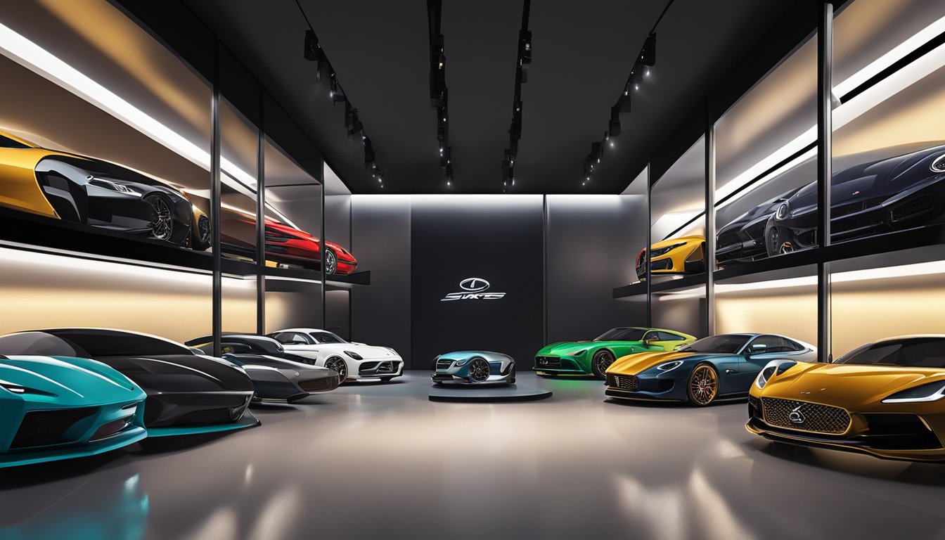 Luxury car logos displayed on velvet-lined shelves in a dimly lit showroom. Spotlights highlight the sleek designs and polished finishes of the exclusive limited edition models
