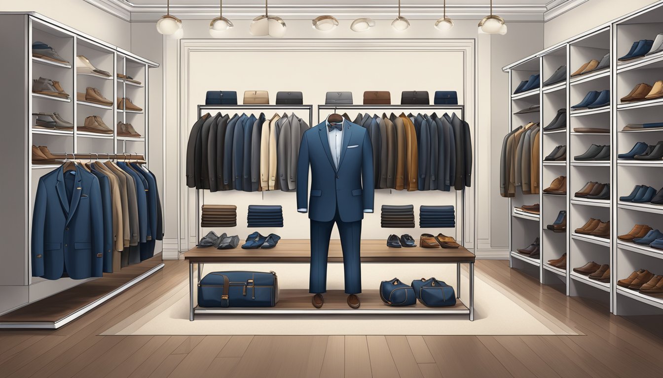 A display of menswear brands, with tailored suits, crisp shirts, and stylish accessories arranged on sleek shelves and racks